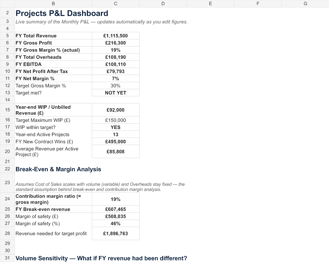 Projects & Programmes P&L Template version 2.0 fictional worked example preview
