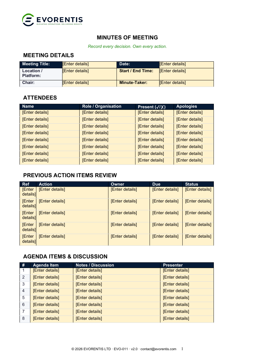 Meeting Minutes Template version 2.0 template preview
