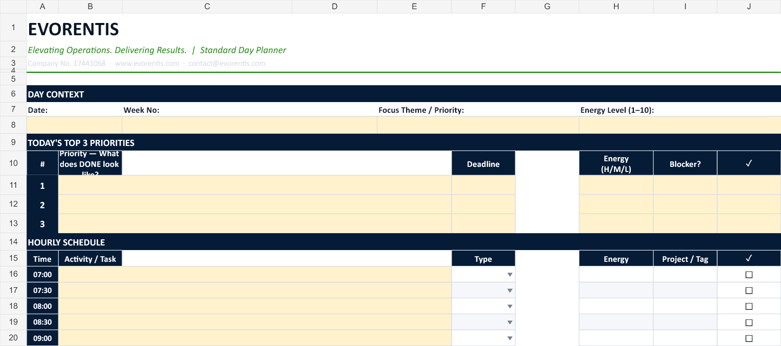 Standard Day Planner version 2.0 template preview