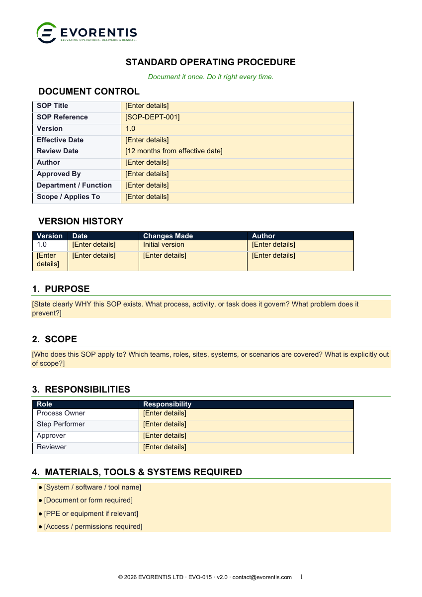 Standard Operating Procedure (SOP) version 2.0 template preview