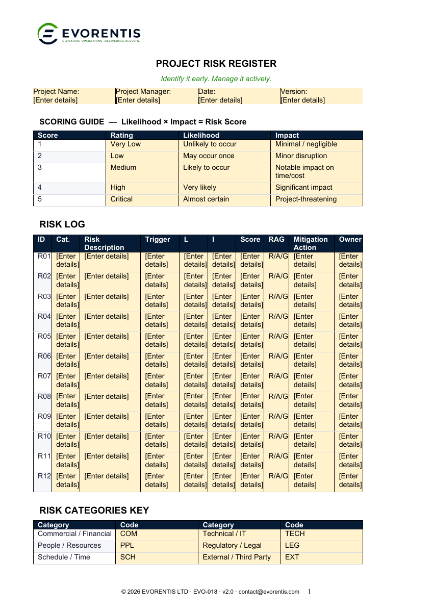 Project Risk Register version 2.0 template preview